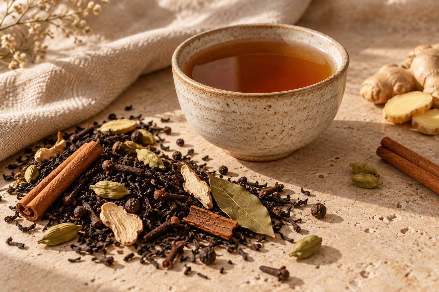 Loose chai tea and whole spices beside a cup of tea