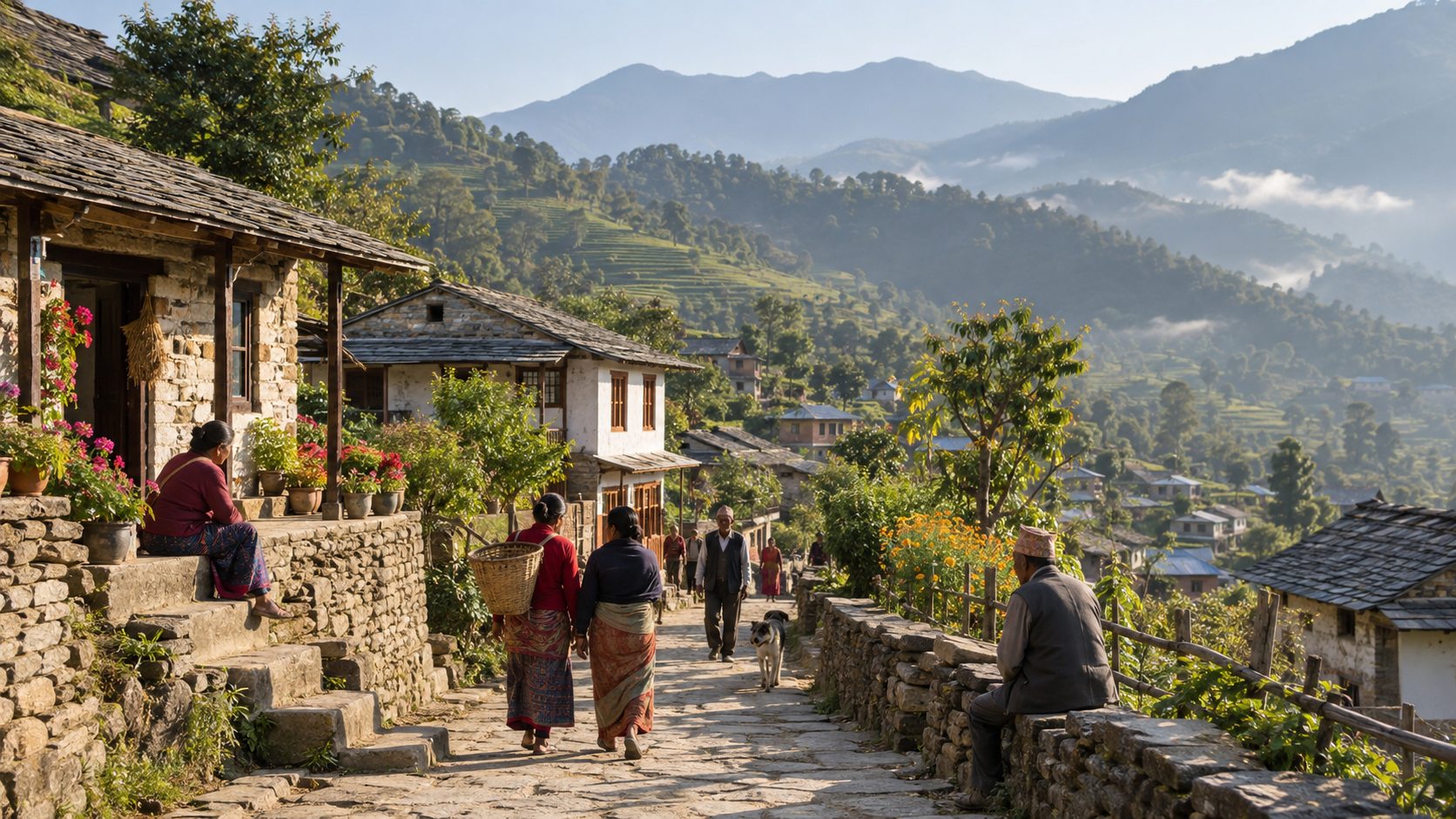 Illustration of everyday life in a village in the Himalayan foothills
