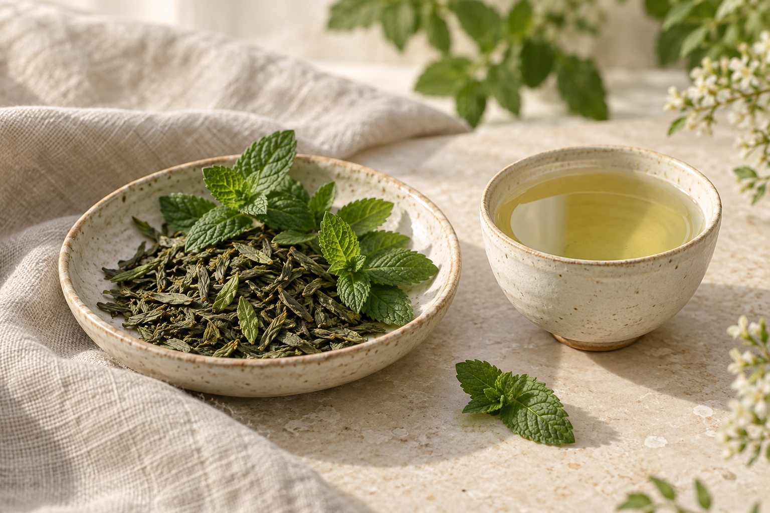 Mint leaves and a cup of tea