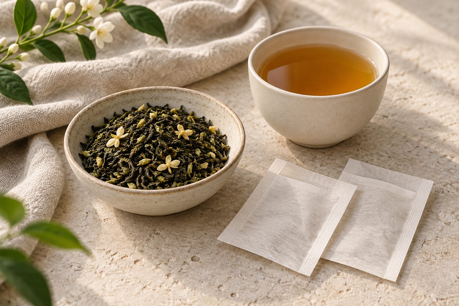 Tea sachets beside loose leaves