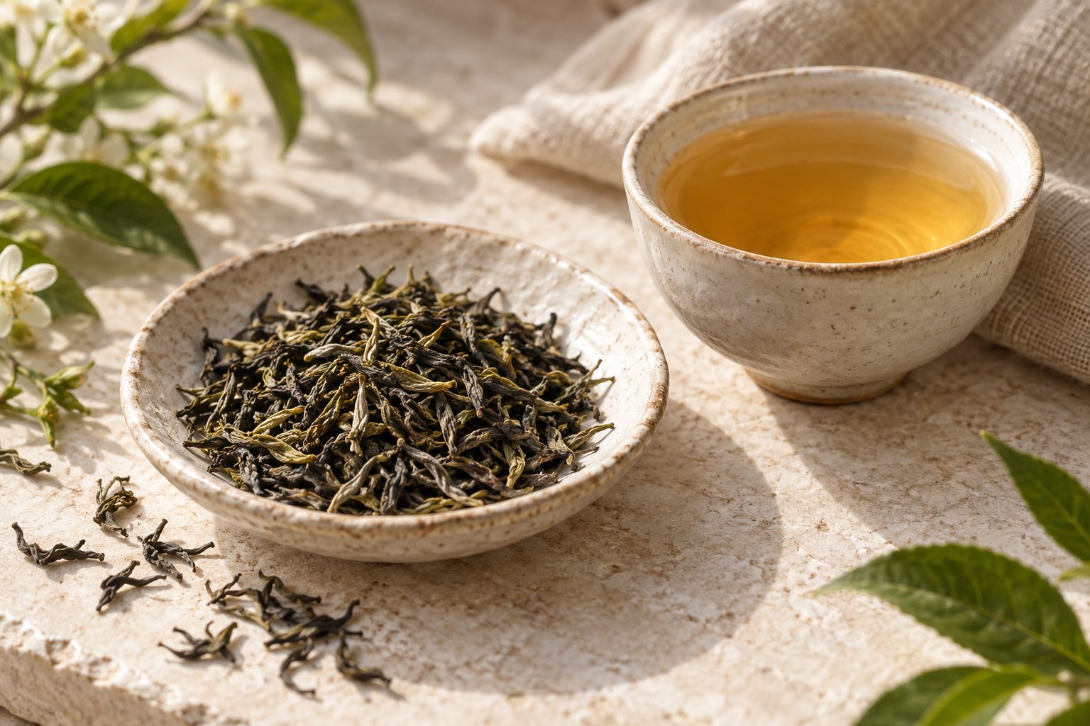 Loose Darjeeling tea and a cup of golden tea