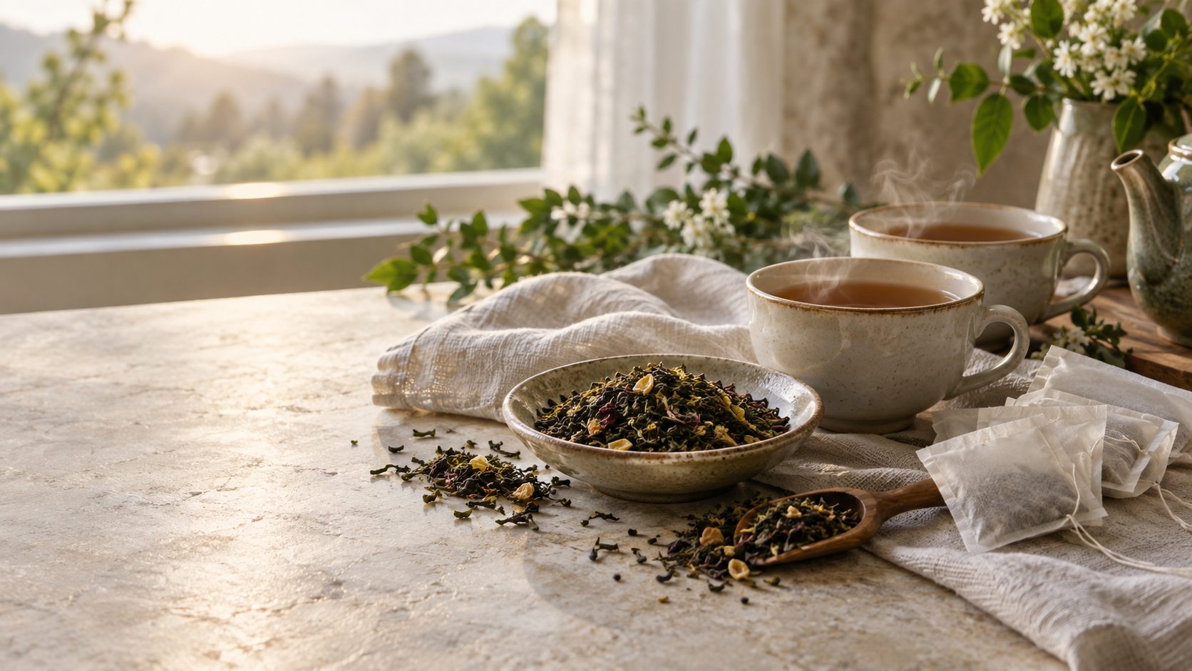 Two cups of tea with loose leaves on a sunlit table
